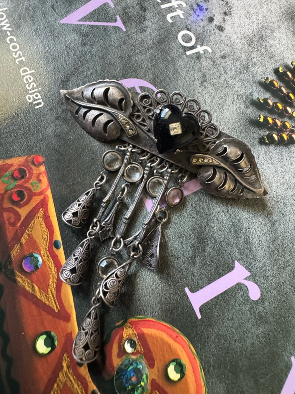 Victorian-Style Silver Tone Filigree Heart Dangle Brooch